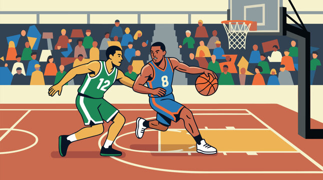 Dynamic basketball vector illustration of point guard in blue jersey crossing over defender, dribbling hard toward hoop before cheering crowd inside bright indoor arena with bold court lines