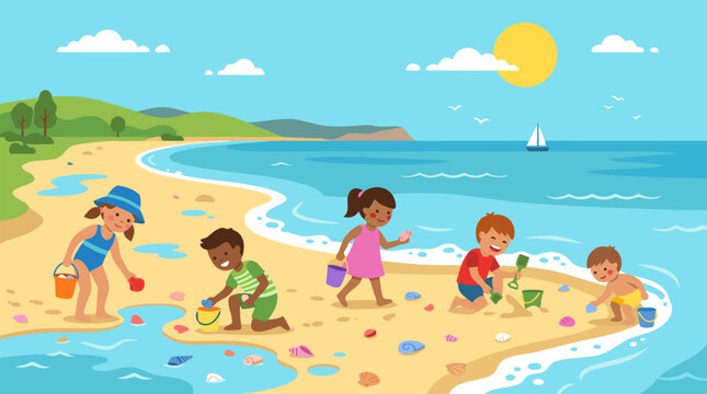 Children collect colorful seashells in buckets along a sunny shoreline at low tide, exploring tide pools beside turquoise waves, rolling hills, sailboat, and bright coastal summer sky