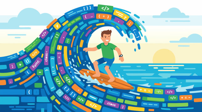 Vivid vector illustration of a cheerful young developer surfing a giant curling wave made from cascading colorful code blocks and programming syntax elements on a sunny tropical ocean with clear blue