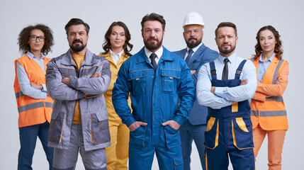 Obraz premium Professional engineering staff and industrial workers stand together in a confident team portrait.