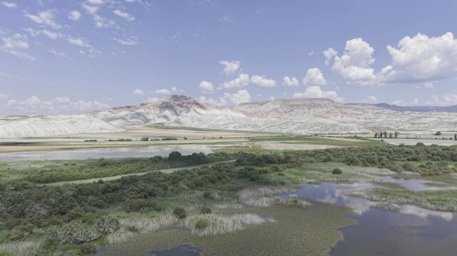 Drone Footage of Nallihan Bird Sanctuary and Rainbow Hills in Ankara Turkey Showing Wetlands and Colorful Geological Landscape