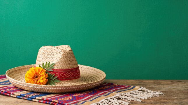 A vibrant orange marigold flower rests on the woven brim of a straw hat, captured in warm sunlight against simple background.