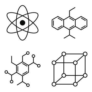 Scientific illustration of atom, chemical structures, and diamond crystal lattice