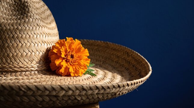 A vibrant orange marigold flower rests on the woven brim of a straw hat, captured in warm sunlight against simple background.