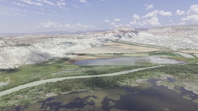 Drone Footage of Nallihan Bird Sanctuary and Rainbow Hills in Ankara Turkey Showing Wetlands and Colorful Geological Landscape