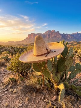A wide-brimmed straw hat sits atop a prickly pear cactus in a desert landscape at sunset, with mountains rising in the background.