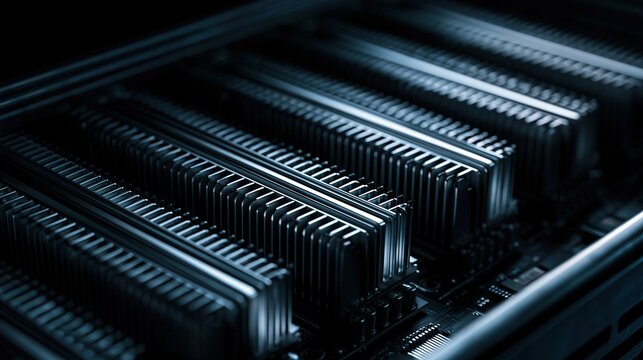 Close-up of server RAM modules with heat sinks, technological background, data center, network