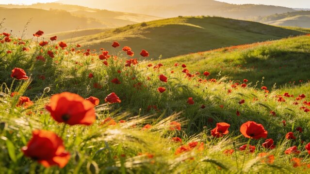 Vibrant red poppies bloom across sunlit rolling hills at golden hour, offering an idyllic rural scene perfect for wellness branding, travel campaigns, or seasonal greeting designs.