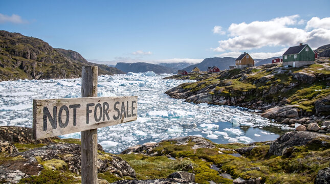 Greenland not for sale for United States. Tipical Greenland landscape with a sign reading "Not for sale" 