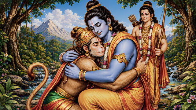 lord ram hugging hanuman and laxman standing behind
