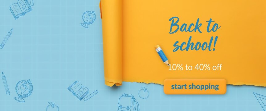 Yellow paper scroll with pencil and text back to school promotion on a light blue background academic advertisement announcement apple