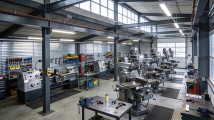 Fototapeta premium Inside view of a metalworking shop with automated machines and organized manufacturing equipment.