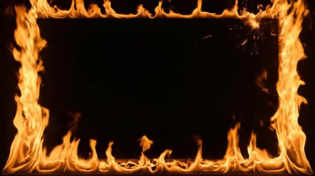 Flames gradually engulf a rectangular frame, creating a fiery border around a dark center, showcasing the dynamic movement of fire in a visually striking manner