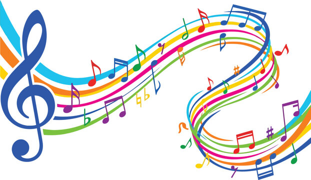 Colorful music notes and treble clef symbol flowing on rainbow pentagram lines for creative art design