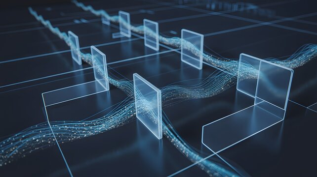Data stream visualization with illuminated rectangular prisms abstract technology concept