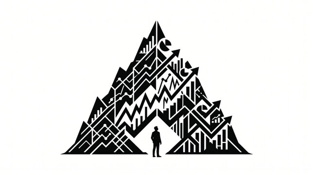 Businessman stands before a mountain composed of financial charts and growth graphs symbolizing the challenge of corporate success.