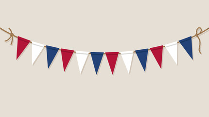 Obraz premium Festive red white and blue triangular pennant banner garland strung on rustic twine, patriotic party bunting decoration for holidays, celebrations, parades and event design vector illustration