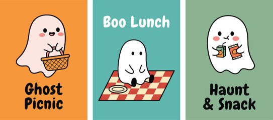 Fototapeta premium Cute Halloween ghost picnic poster collection with snacks and playful autumn vibes 