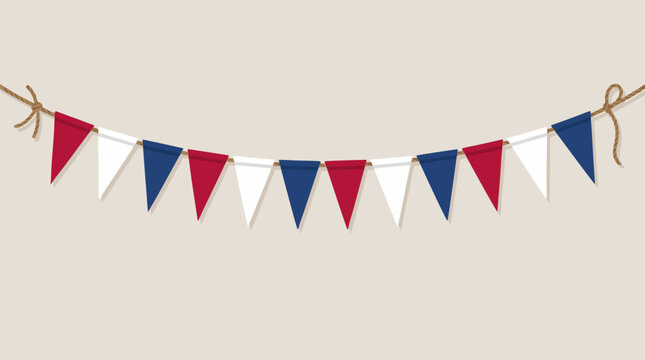 Festive red white and blue triangular pennant banner garland strung on rustic twine, patriotic party bunting decoration for holidays, celebrations, parades and event design vector illustration