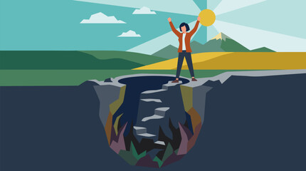 Fototapeta premium Triumphant person standing on the edge after climbing from a deep dark well of despair, raising arms toward bright sunlight, resilience, recovery, hope and mental wellness vector illustration
