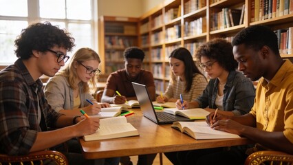 Fototapeta premium Diverse group of university students collaborating on assignments together at a wooden table in a sunlit library with towering bookshelves.