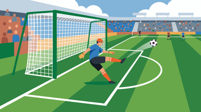 Dynamic soccer goalkeeper punting the ball downfield from inside the goal box, stadium crowd and green pitch lines capturing fast defensive play in vector illustration with players ahead