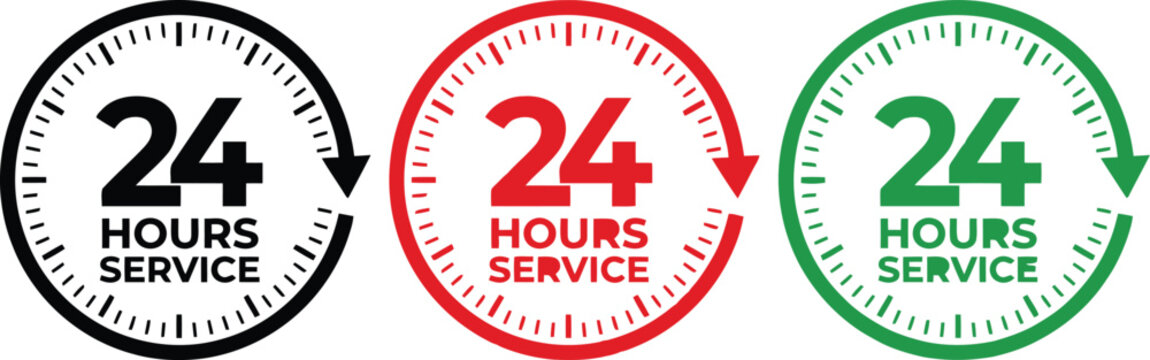 Clock icons representing twenty four hours service in black red and green colors on white background