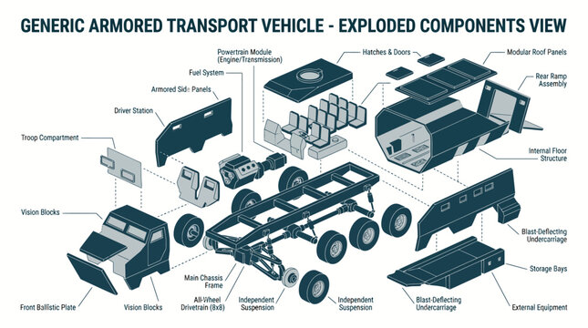 Generic armored transport vehicle exploded components view diagram, military APC isometric vector illustration with chassis, suspension, powertrain, and blast deflecting undercarriage details.