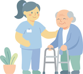 Fototapeta premium Nurse Providing Support to Senior Man in Nursing Home Flat Design Illustration