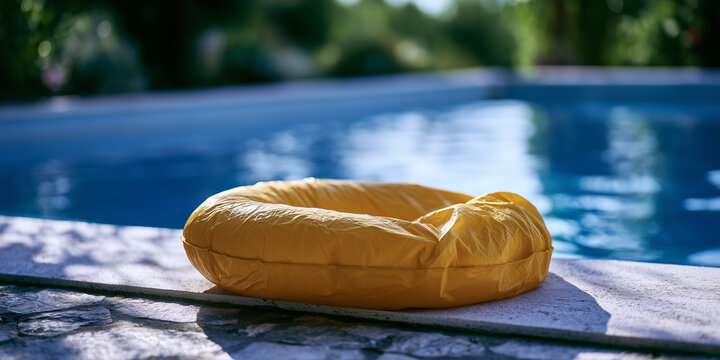 A deflated swim ring by the pool. Late summer, early fall. The end of the summer season. 