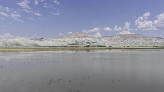 Drone Footage of Nallihan Bird Sanctuary and Rainbow Hills in Ankara Turkey Showing Wetlands and Colorful Geological Landscape