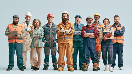 Fototapeta premium Industrial workers pose together in professional uniforms for a portrait against a gray backdrop.