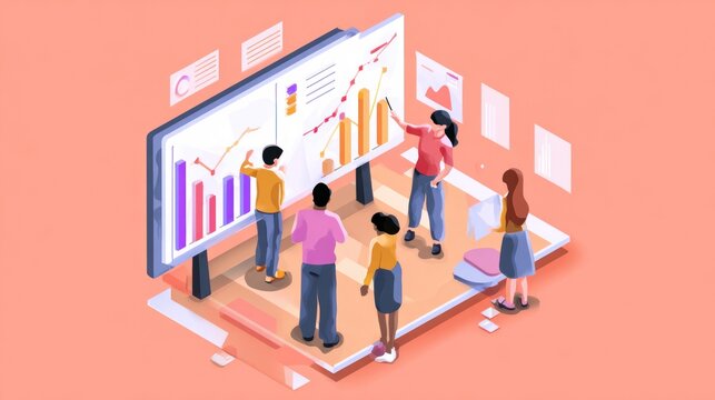 Diverse team analyzing graphs on a large screen