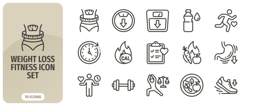 Weight loss and fitness icon set, including icons for diet, exercise, healthy lifestyle, calorie burning, and body measurement, vector illustration