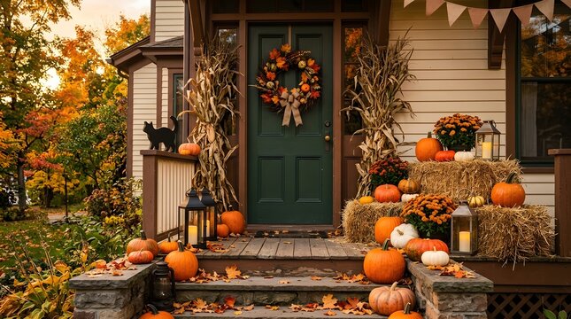 Festive halloween background autumn porch with pumpkins and fall decor
