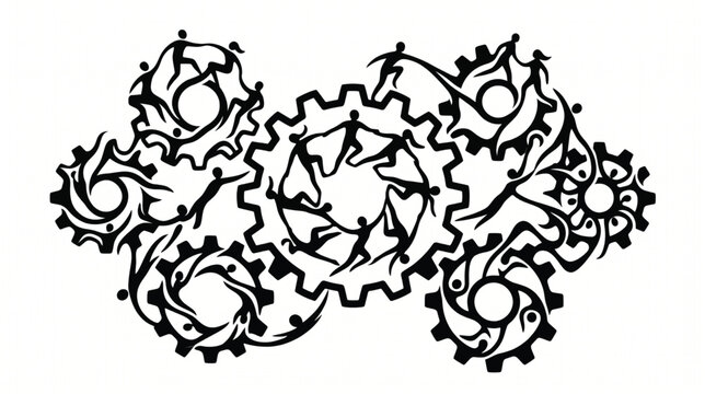 Human figures form a collaborative gear assembly representing teamwork and collective effort within a modern corporate structure.