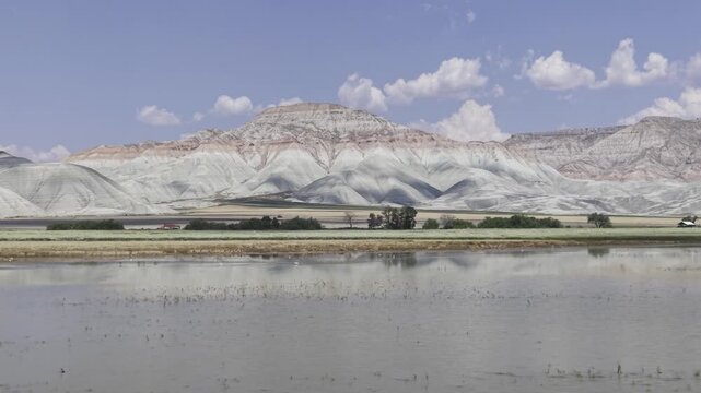 Drone Footage of Nallihan Bird Sanctuary and Rainbow Hills in Ankara Turkey Showing Wetlands and Colorful Geological Landscape