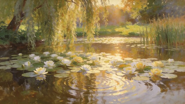 A painterly impressionist scene of white and golden water lilies floating on a tranquil pond beneath weeping willow branches, bathed in warm golden hour light with shimmering reflections, ideal for lu