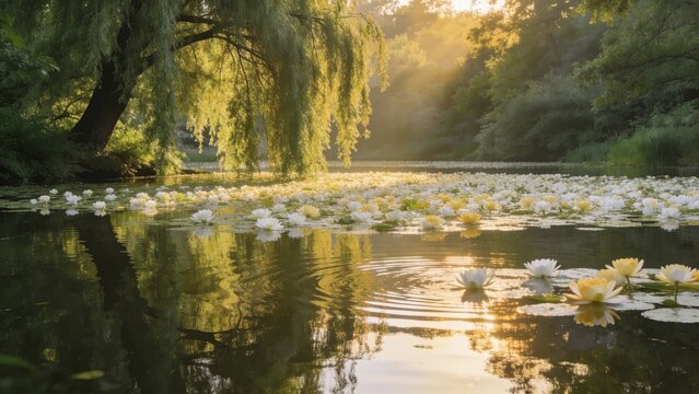A serene photograph of countless white and pale yellow water lilies blooming across a still pond, framed by cascading willow branches and soft morning sunlight filtering through misty trees, perfect f