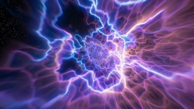 Colorful abstract visual of swirling electric energy in a cosmic space, showcasing a dynamic flow of light and color in a continuous motion sequence