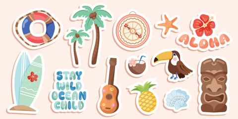 Cute Hawaii Summer Sticker Collection Vector Set   Tropical Vacation Icons and Aloha Elements © Veronika