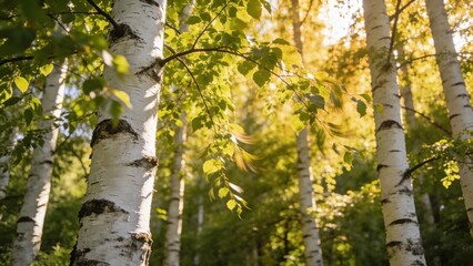 Sunlight filters through vibrant green birch leaves in a serene forest setting, ideal for wellness branding and nature-inspired design projects. © abdullah
