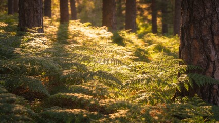 Obraz premium Golden sunlight filters through a pine forest canopy, illuminating lush green ferns covering the forest floor in a serene natural setting ideal for wellness and outdoor lifestyle campaigns.