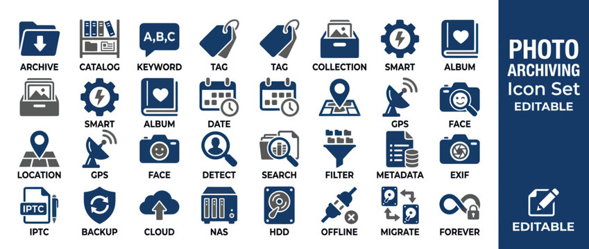 Photo Archiving Icon Set: Organize, Search, Tag, Backup, Cloud, Metadata, Location