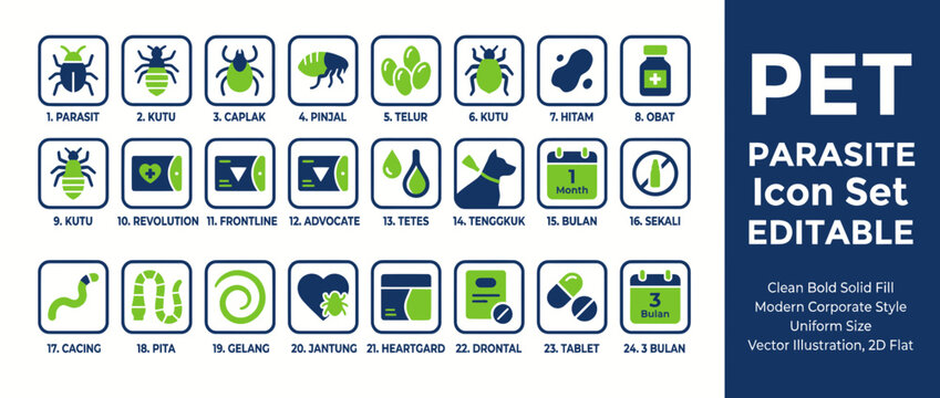 Pet Parasite Icon Set: Fleas, Ticks, Worms, Medicine, Prevention