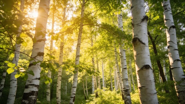 Towering white birch trunks stretch toward a glowing sun in a dense green forest, excellent for environmental awareness and outdoor lifestyle visuals.