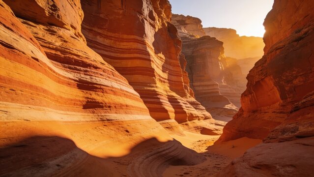 Dramatic layered sandstone canyon walls glow in warm sunset light, showcasing geological striations ideal for adventure tourism and outdoor exploration campaigns.