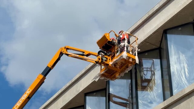 Worker in helmet on orange cherry picker boom lift installing glass windows on modern building facade. Construction site and exterior installation process. Blue sky with white clouds background.