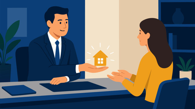 Friendly banker presenting a tiny glowing house icon to a client across a sleek office desk, modern vector concept for mortgage approval, home loan service, real estate finance, and trust
