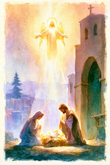 Fototapeta premium Mary and Joseph kneel beside the newborn Jesus in a stable. An angel is above them, shining light. This scene happens during the night in a quiet town